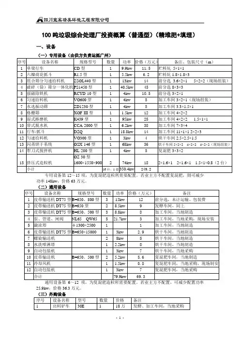 100吨垃圾综合处理厂投资概算