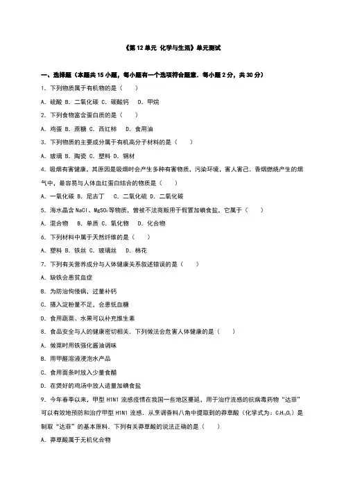 鲁教版化学九年级上册《第12单元 化学与生活》单元测试