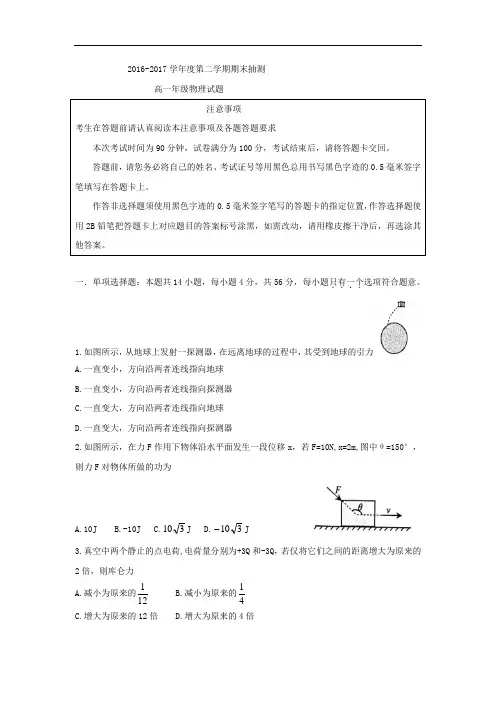 江苏省徐州市2016-2017学年高一下学期期末考试物理试