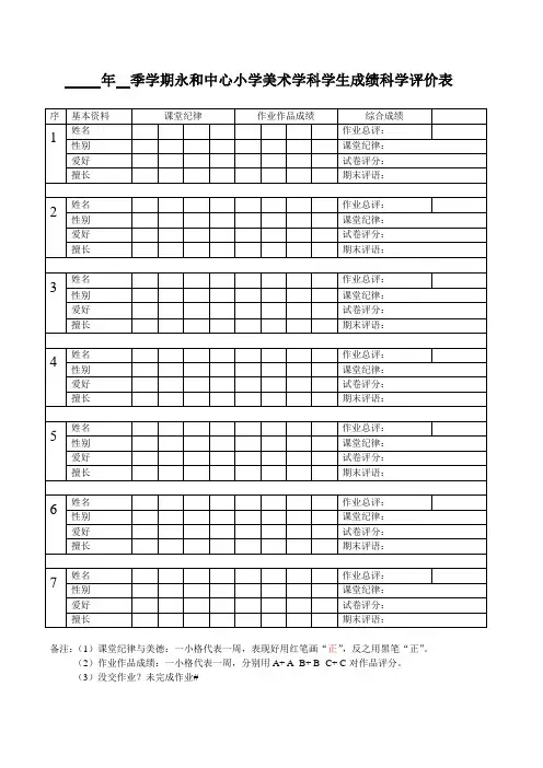 美术学科学生成绩评价表模板