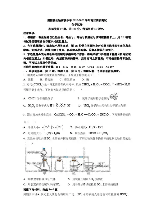 2023届江苏省泗阳县实验高级中学高三上学期第一次质量调研化学试题