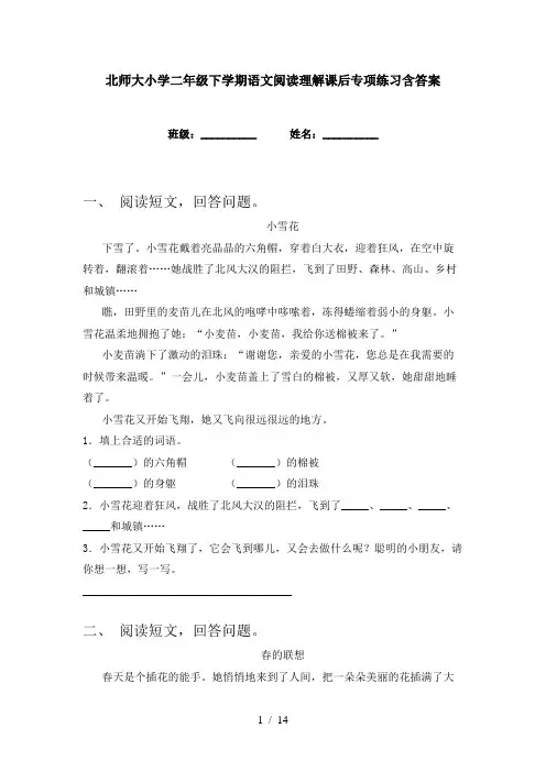 北师大小学二年级下学期语文阅读理解课后专项练习含答案