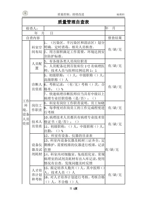 病理科质量管理、持续改进表