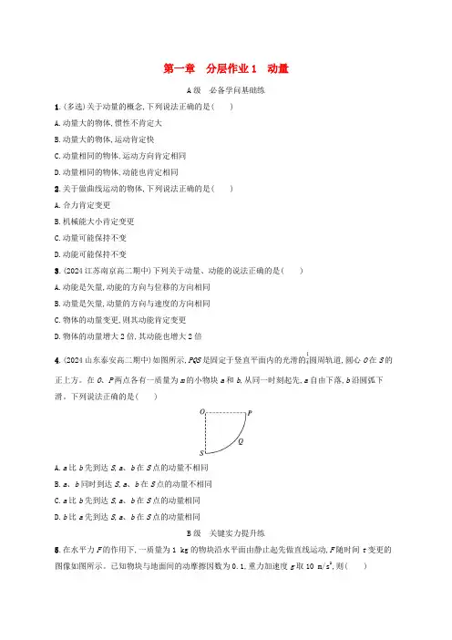 新教材2024_2025学年高中物理第1章动量与动量守恒定律分层作业1动量教科版选择性必修第一册