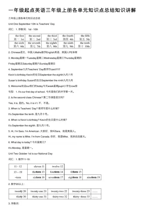 一年级起点英语三年级上册各单元知识点总结知识讲解