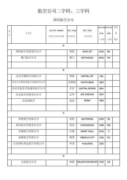 航空公司二字码三字码