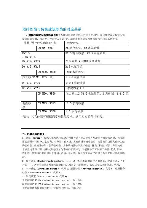 预拌砂浆与传统建筑砂浆的对应关系