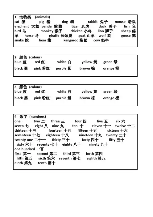 小学英语单词分类卡片