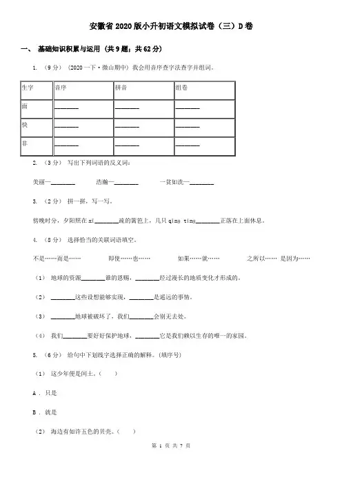 安徽省2020版小升初语文模拟试卷(三)D卷