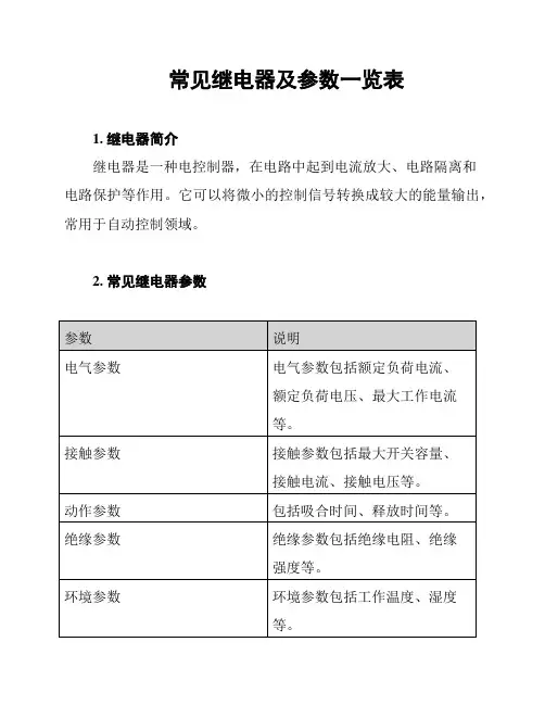 常见继电器及参数一览表