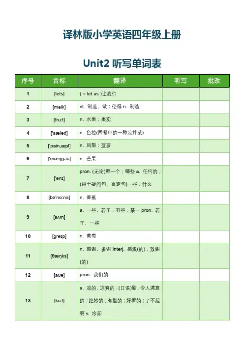 译林版小学英语四年级上册Unit2听写单词表