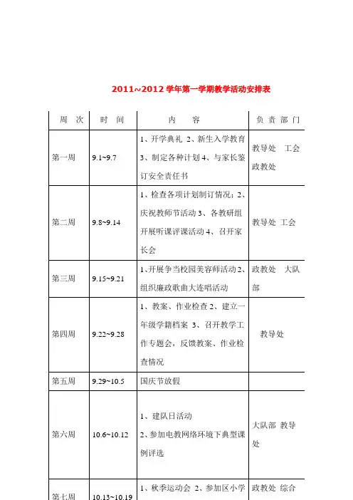 2011~2012学年第一学期教学活动安排表