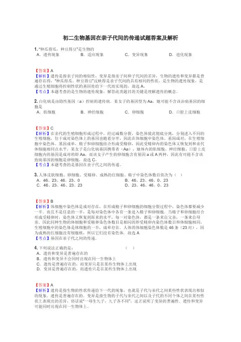 初二生物基因在亲子代间的传递试题答案及解析

