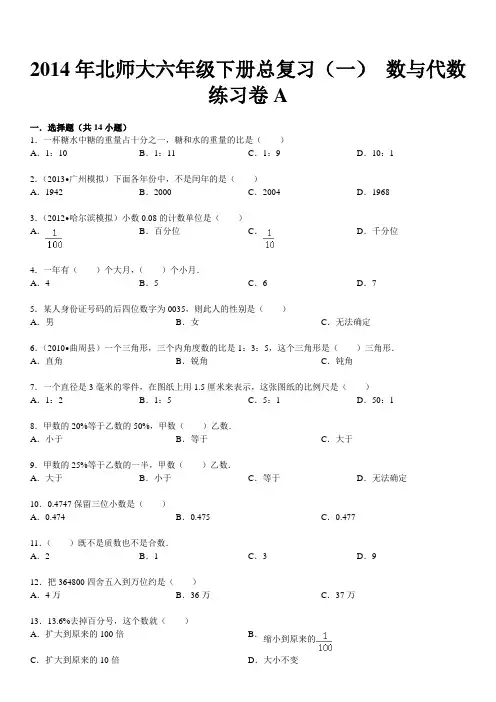 2014年北师大六年级下册总复习(一) 数与代数 练习卷A(含答案)