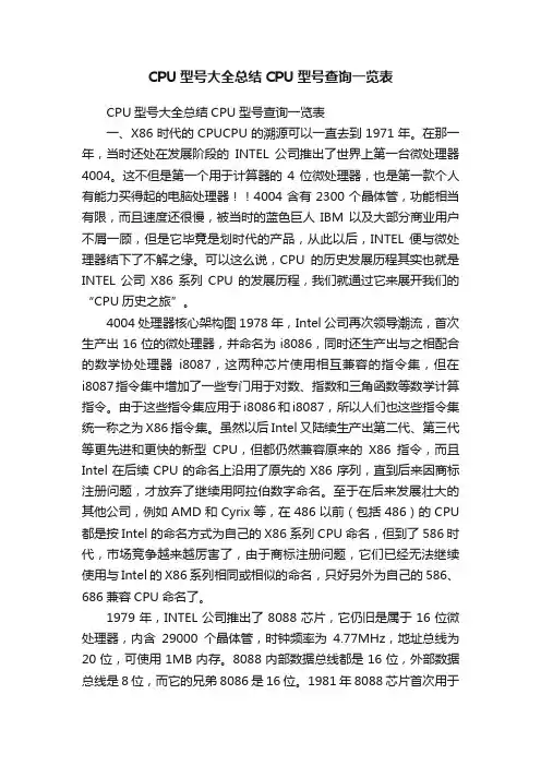 CPU型号大全总结CPU型号查询一览表