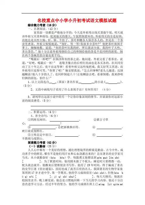 2019年西安市小升初语文模拟试题(共5套)详细答案15
