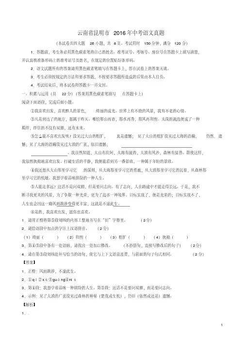 云南省昆明市中考语文真题含解析