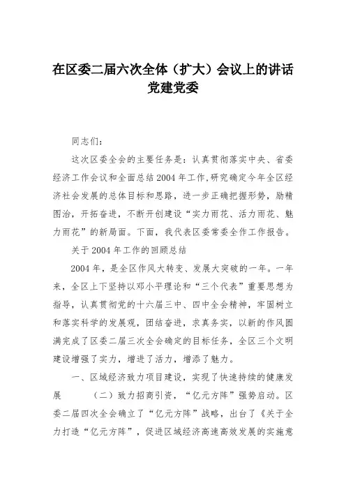 在区委二届六次全体(扩大)会议上的讲话 党建党委
