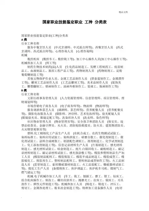 国家职业技能鉴定职业工种分类表模版