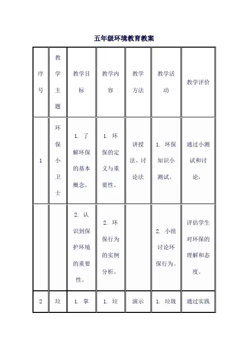 五年级环境教育教案