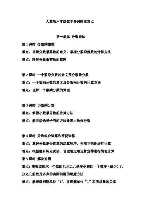 人教版六年级数学各课时重难点