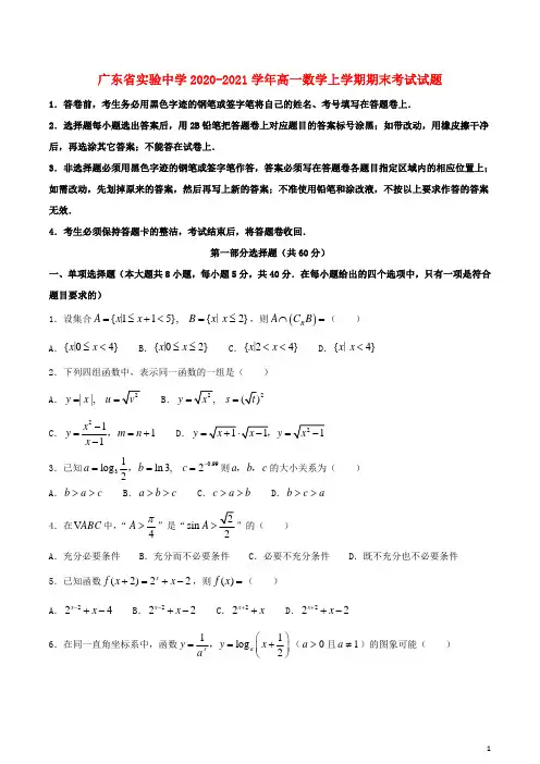 广东省实验中学2020-2021学年高一数学上学期期末考试试题及答案