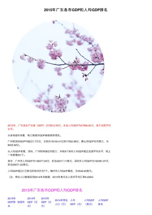 2015年广东各市GDP和人均GDP排名