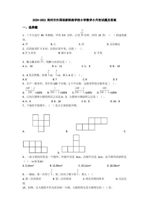 2020-2021郑州市外国语新枫杨学校小学数学小升初试题及答案