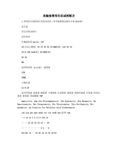 实验室常用生化试剂配方