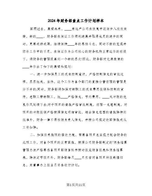 2024年财务部重点工作计划样本（五篇）