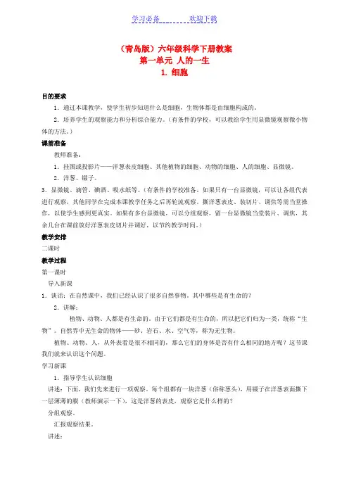 六年级科学下册细胞教案青岛版(三年级起点)
