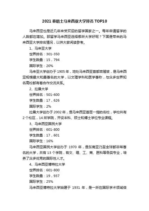 2021泰晤士马来西亚大学排名TOP10