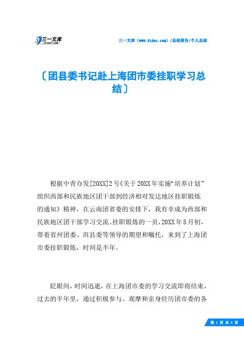 团县委书记赴上海团市委挂职学习总结