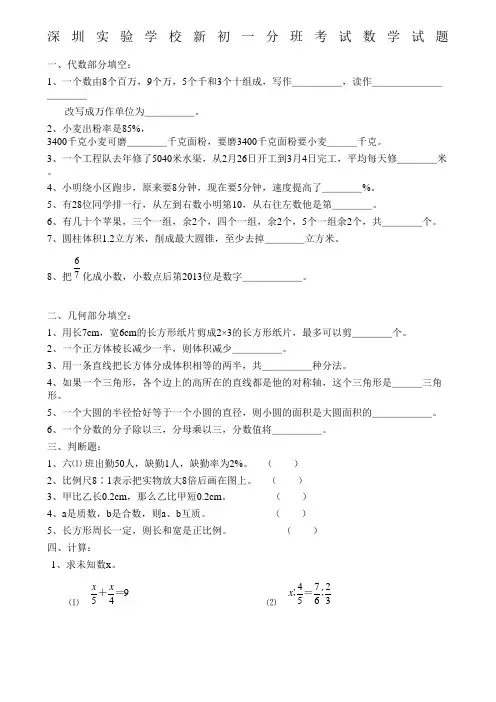 深圳实验学校新初一分班考试数学试题