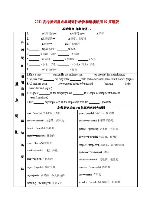 2021高考英语重点单词词性转换和语境活用09(原题版)