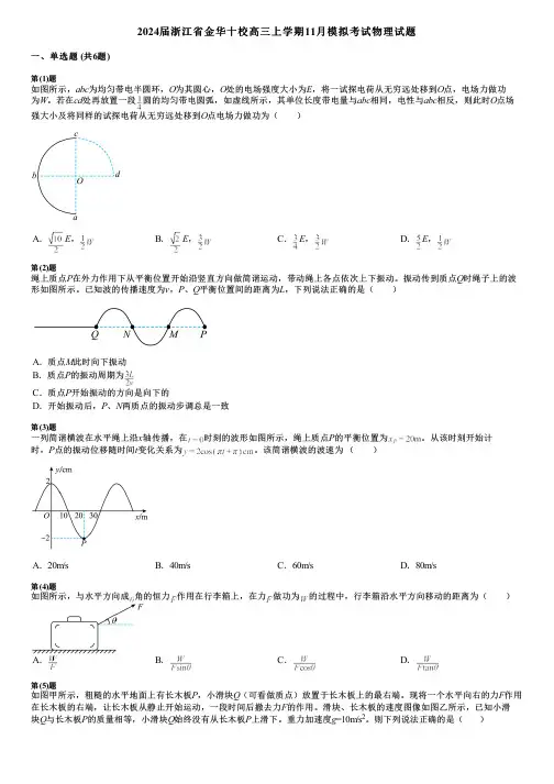 2024届浙江省金华十校高三上学期11月模拟考试物理试题