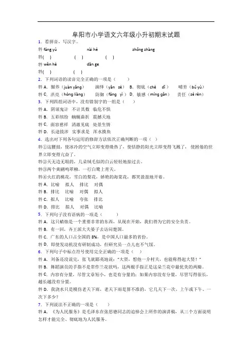 阜阳市小学语文六年级小升初期末试题