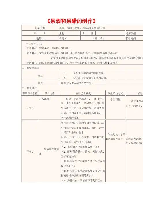 高中生物下学期第8周《果酒和果醋的制作》教学设计 新人教版选修1-新人教版高中选修1生物教案