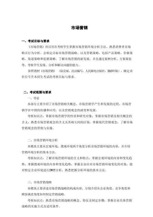 安徽2020年普通专升本专业课考试大纲《市场营销》