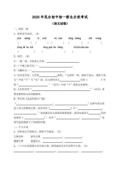 2020年民办中学初一新生分班考试语文数学整套试卷及答案