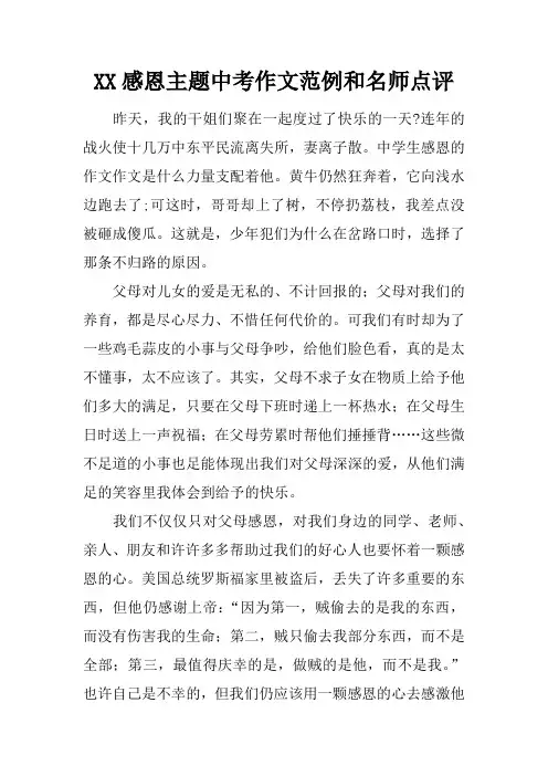 感恩主题中考作文范例和名师点评