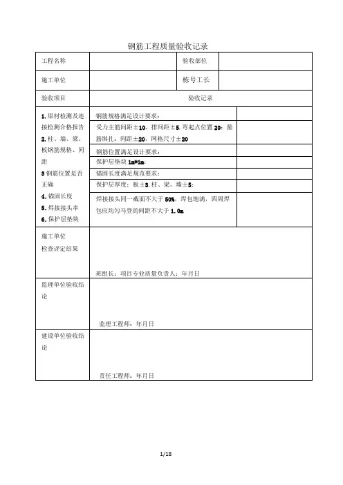 常见工序质量验收表格及工序控制要点