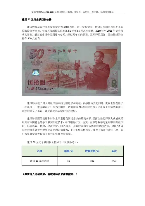 建国50元纪念钞回收价格