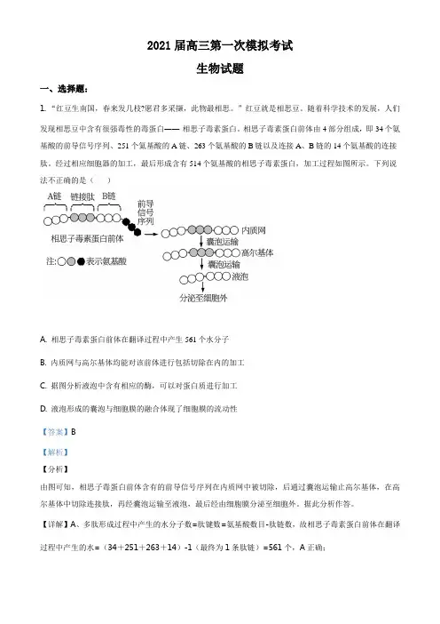 2021届山东省济南市山东实验中学高三一模生物试题(解析版)