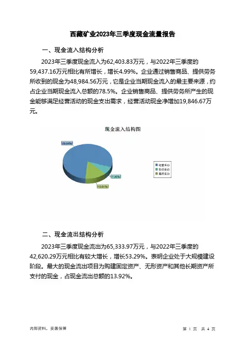 000762西藏矿业2023年三季度现金流量报告