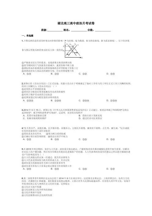 湖北高三高中政治月考试卷带答案解析
