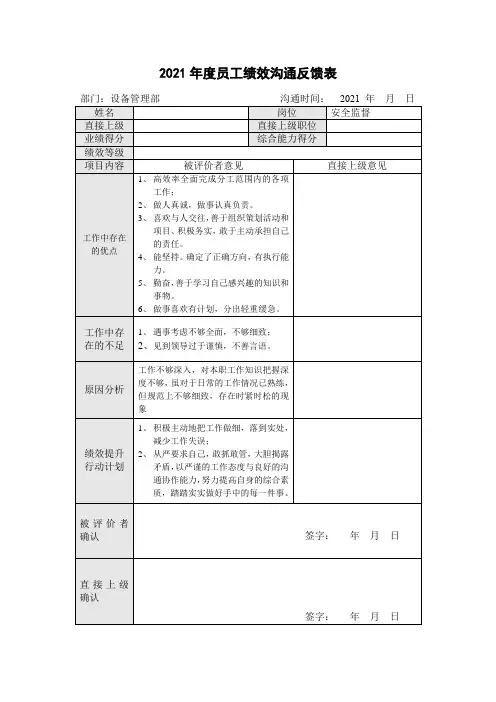 2021年度员工绩效沟通记录反馈表