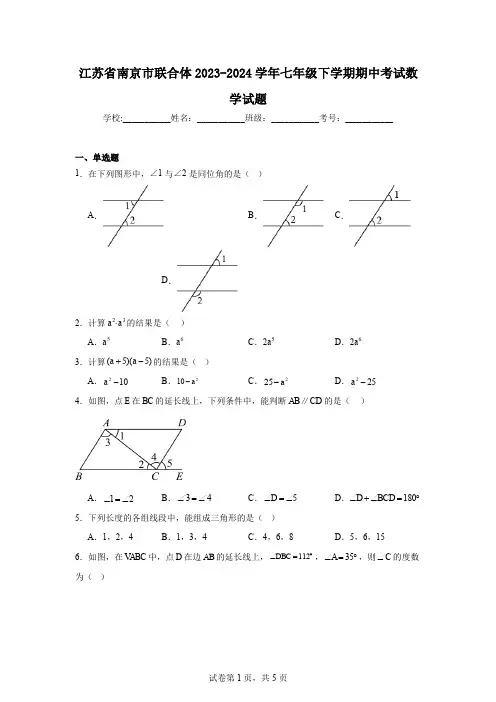江苏省南京市联合体2023-2024学年七年级下学期期中考试数学试题