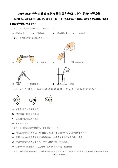 2019-2020学年安徽省合肥市蜀山区九年级(上)期末化学试卷
