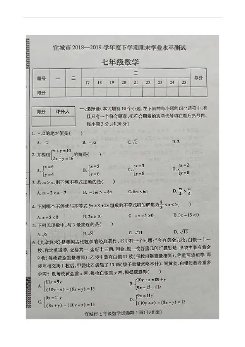 湖北省宜城市2018-2019学年七年级下学期期末考试数学试题(扫描版)